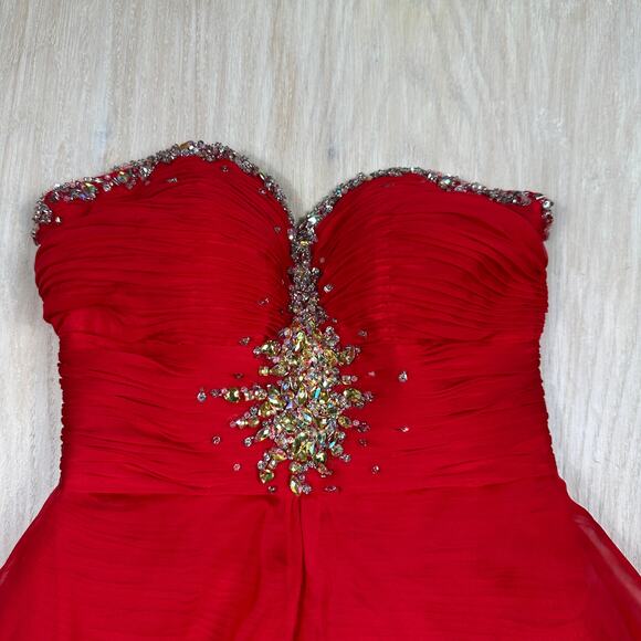 Mac Duggal Red Strapless Embellished Sequin High Low Formal Evening Gown Dress 4 - Picture 3 of 16